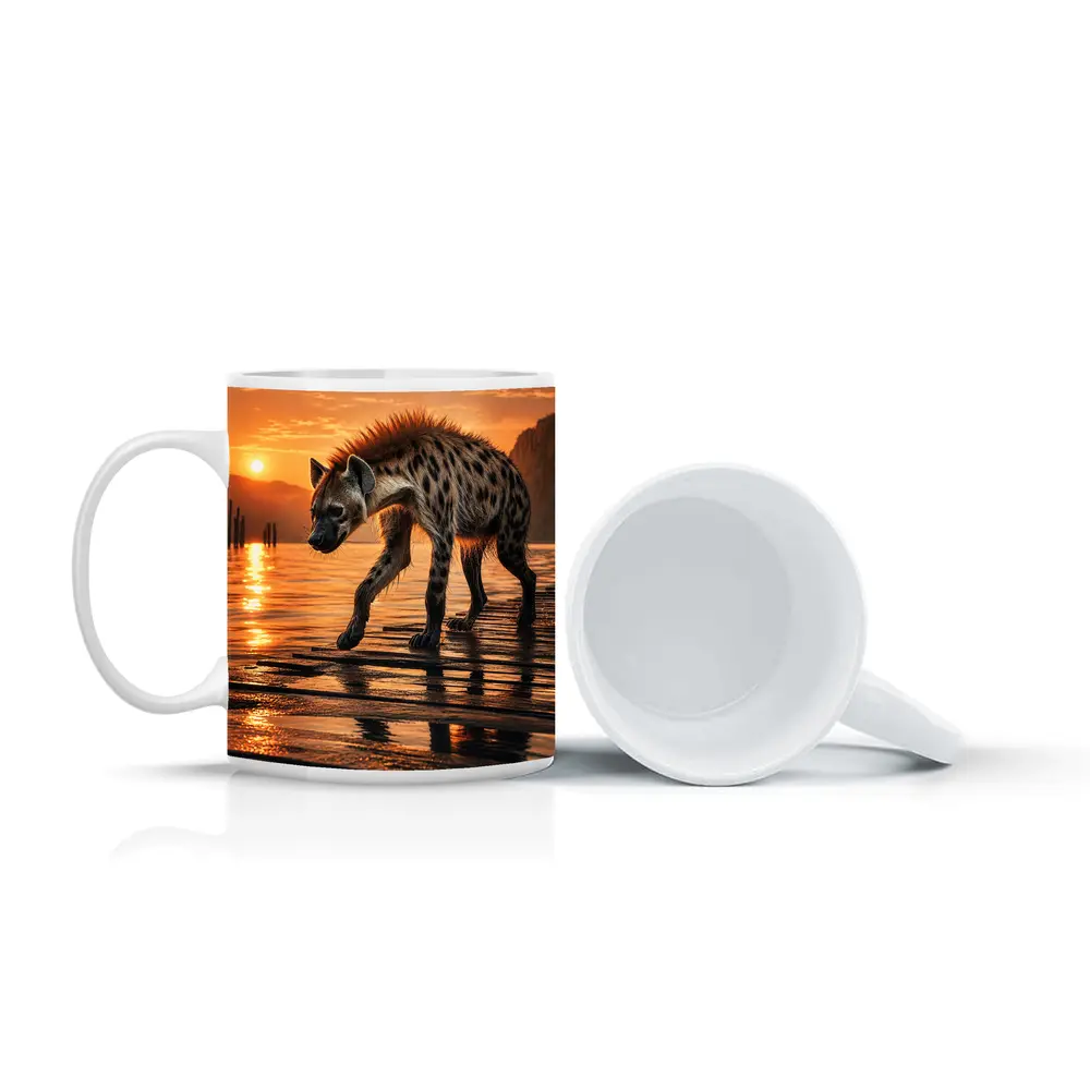 Spotted Hyena Walking at Glowing Sunset – Mugs
