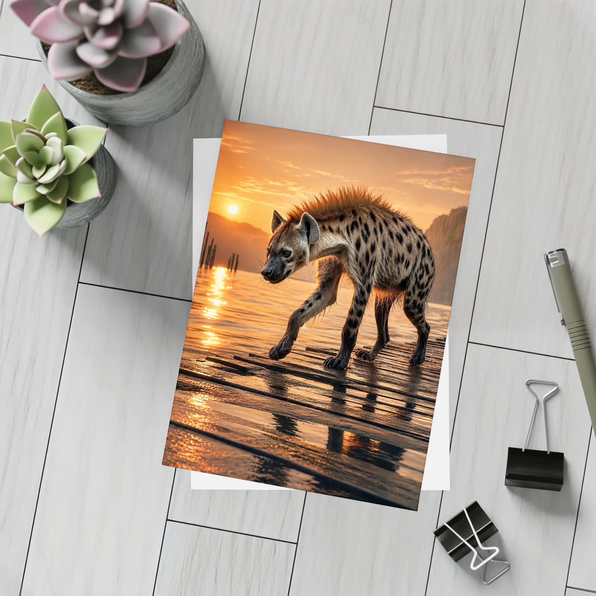 Spotted Hyena Walking at Glowing Sunset – Postcards