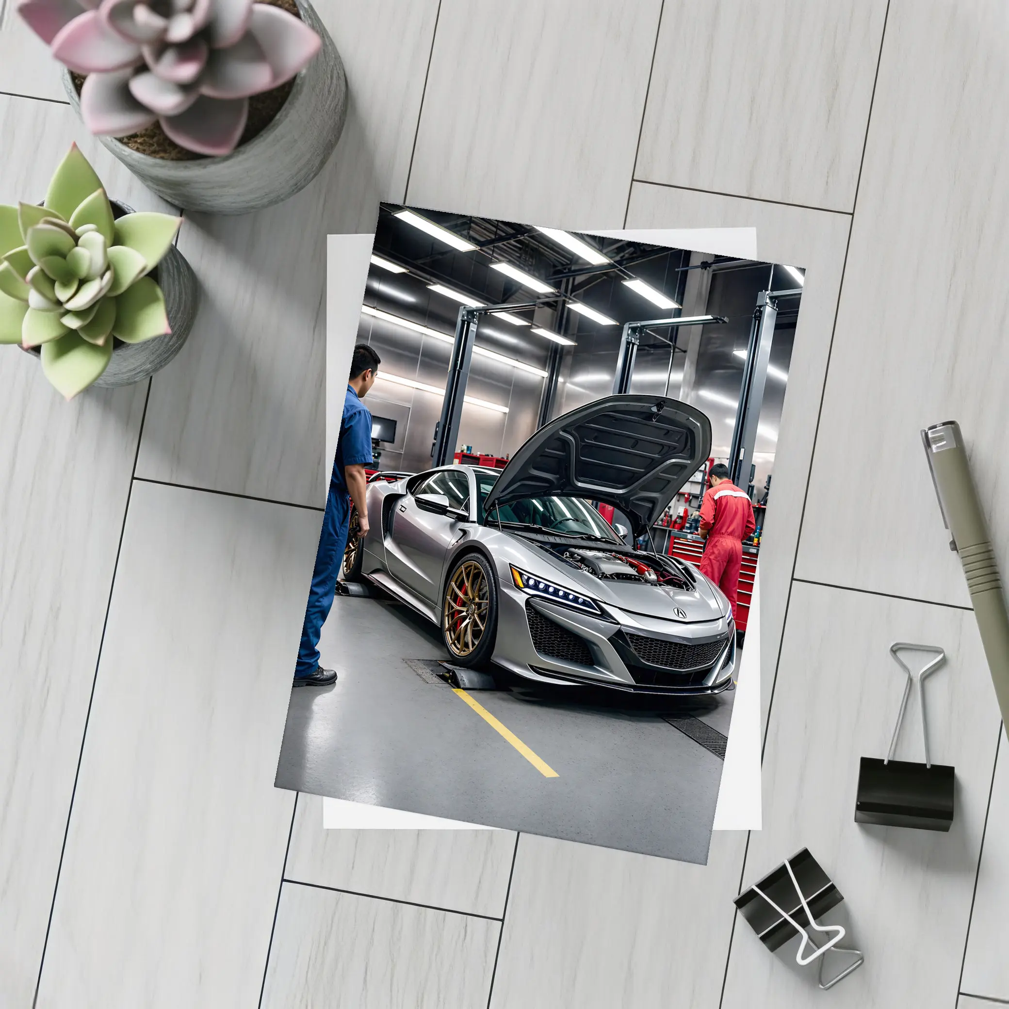 Acura NSX Silver Supercar in Garage – Postcards
