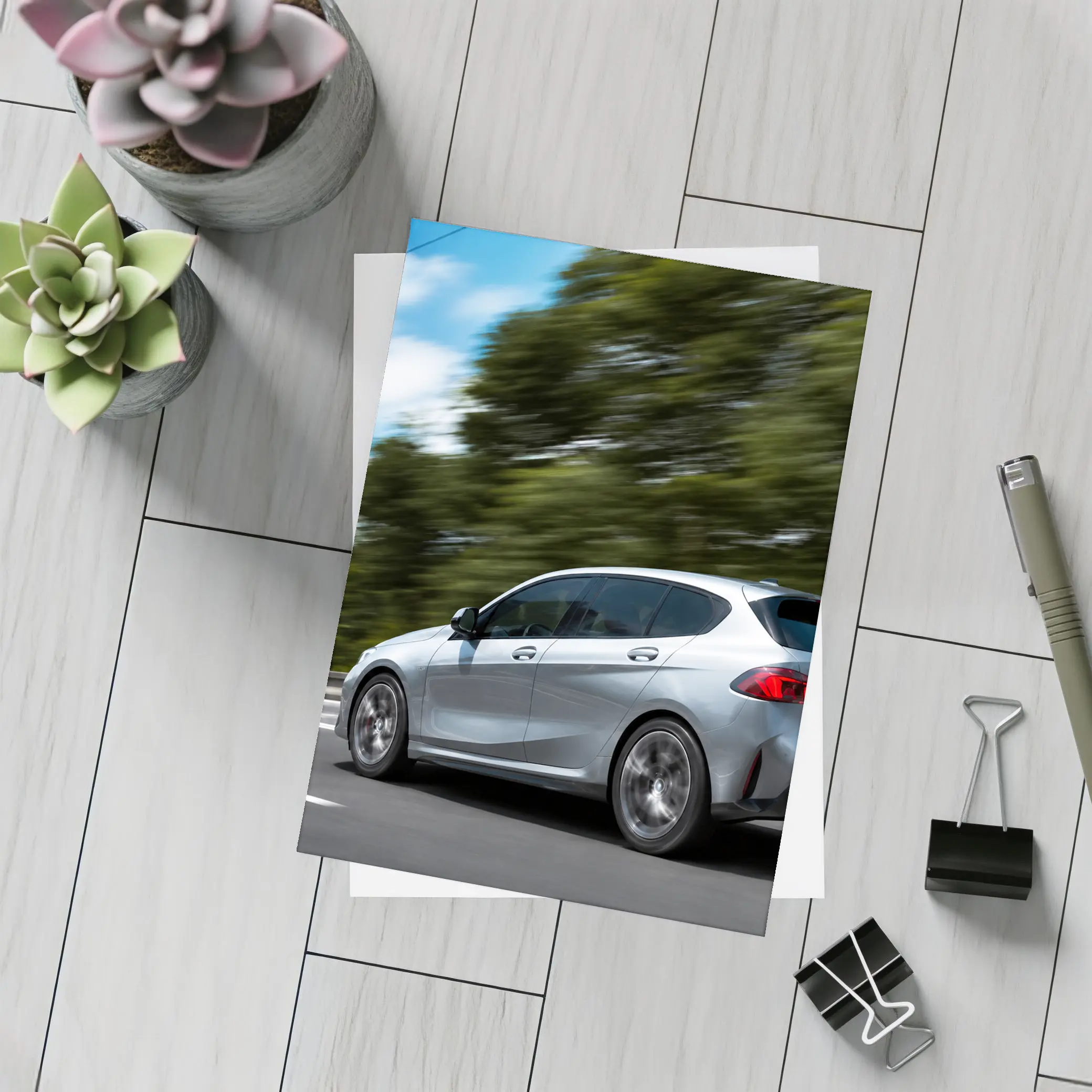 BMW 1 Series Hatchback Speeding On Road – Postcards