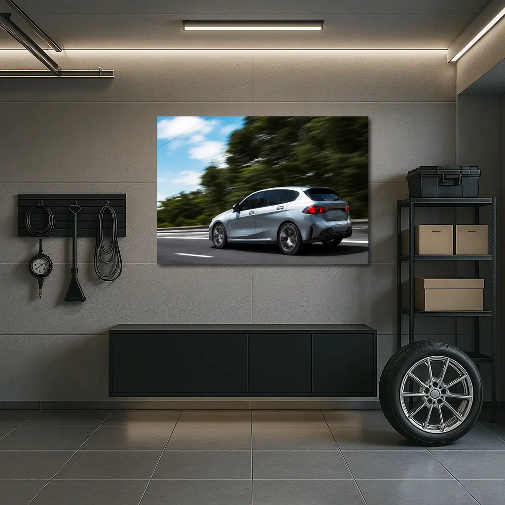BMW 1 Series Hatchback Speeding On Road – Wall Art