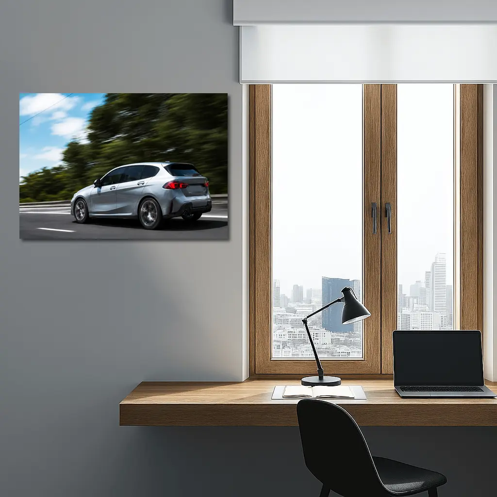 BMW 1 Series Hatchback Speeding On Road – Wall Art
