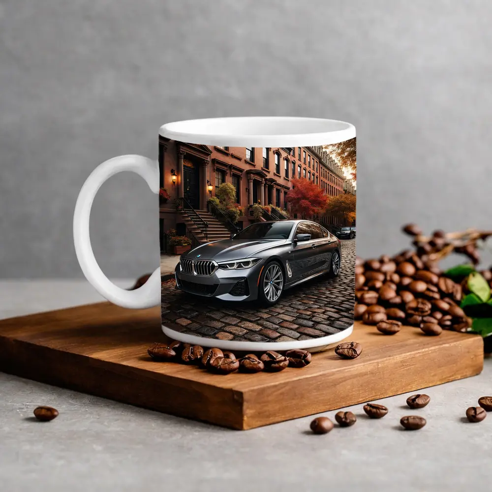 BMW Seven Series Gray Cobblestone Street Scene – Mugs