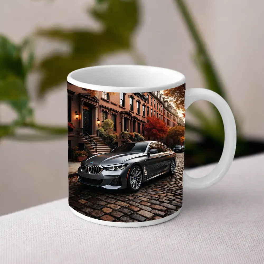 BMW Seven Series Gray Cobblestone Street Scene – Mugs