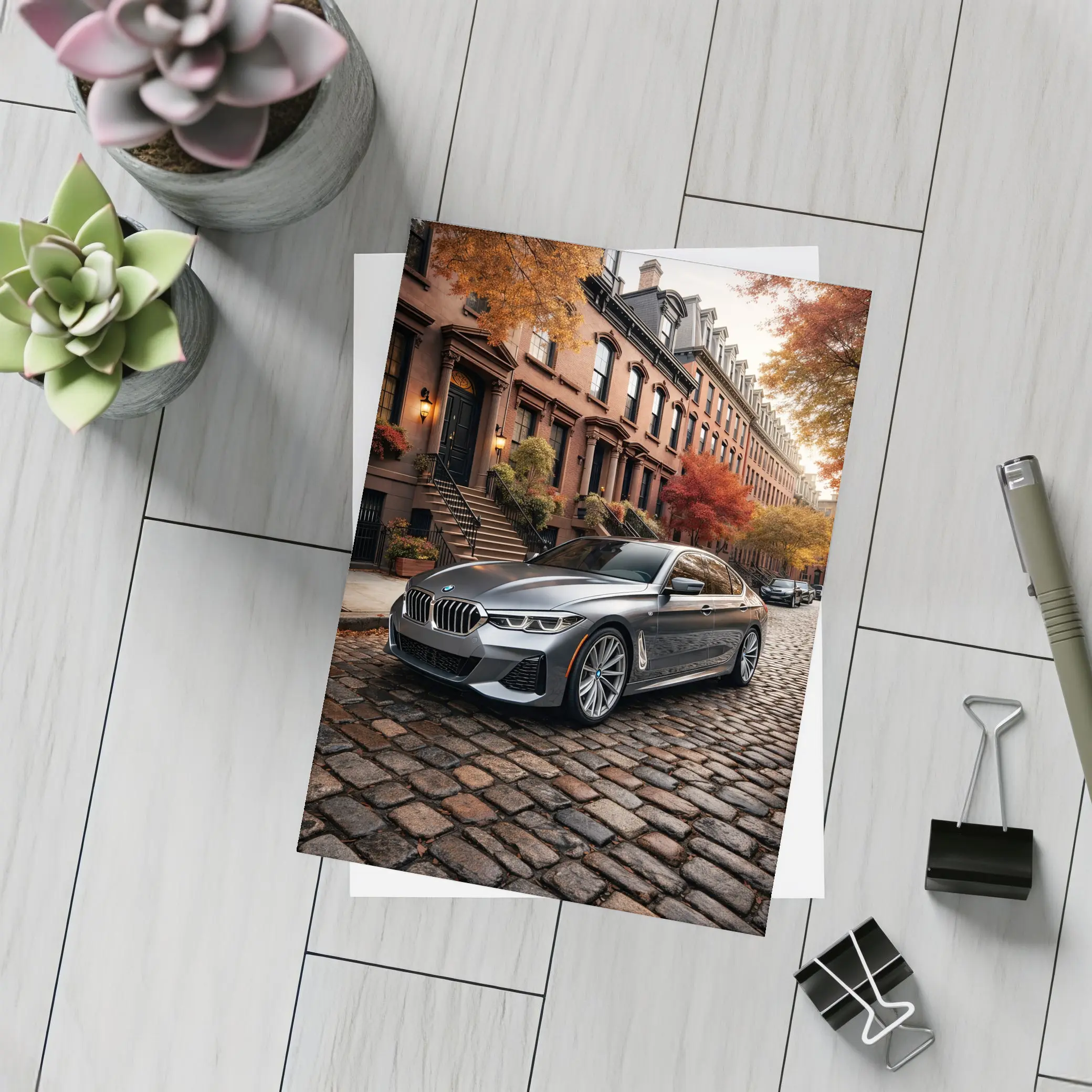 BMW Seven Series Gray Cobblestone Street Scene – Postcards
