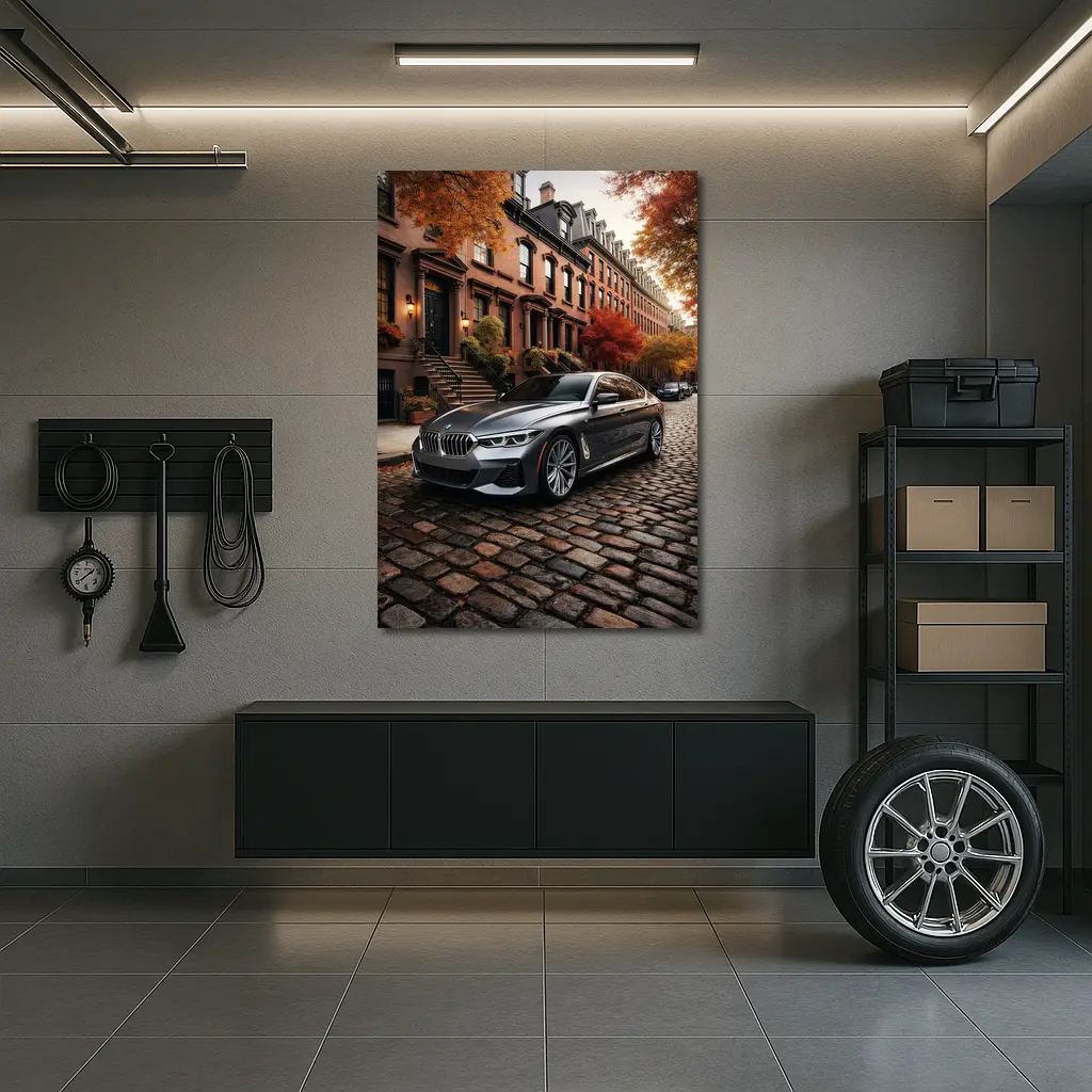 BMW Seven Series Gray Cobblestone Street Scene – Wall Art