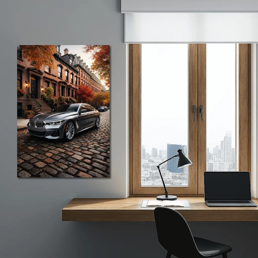 BMW Seven Series Gray Cobblestone Street Scene – Wall Art