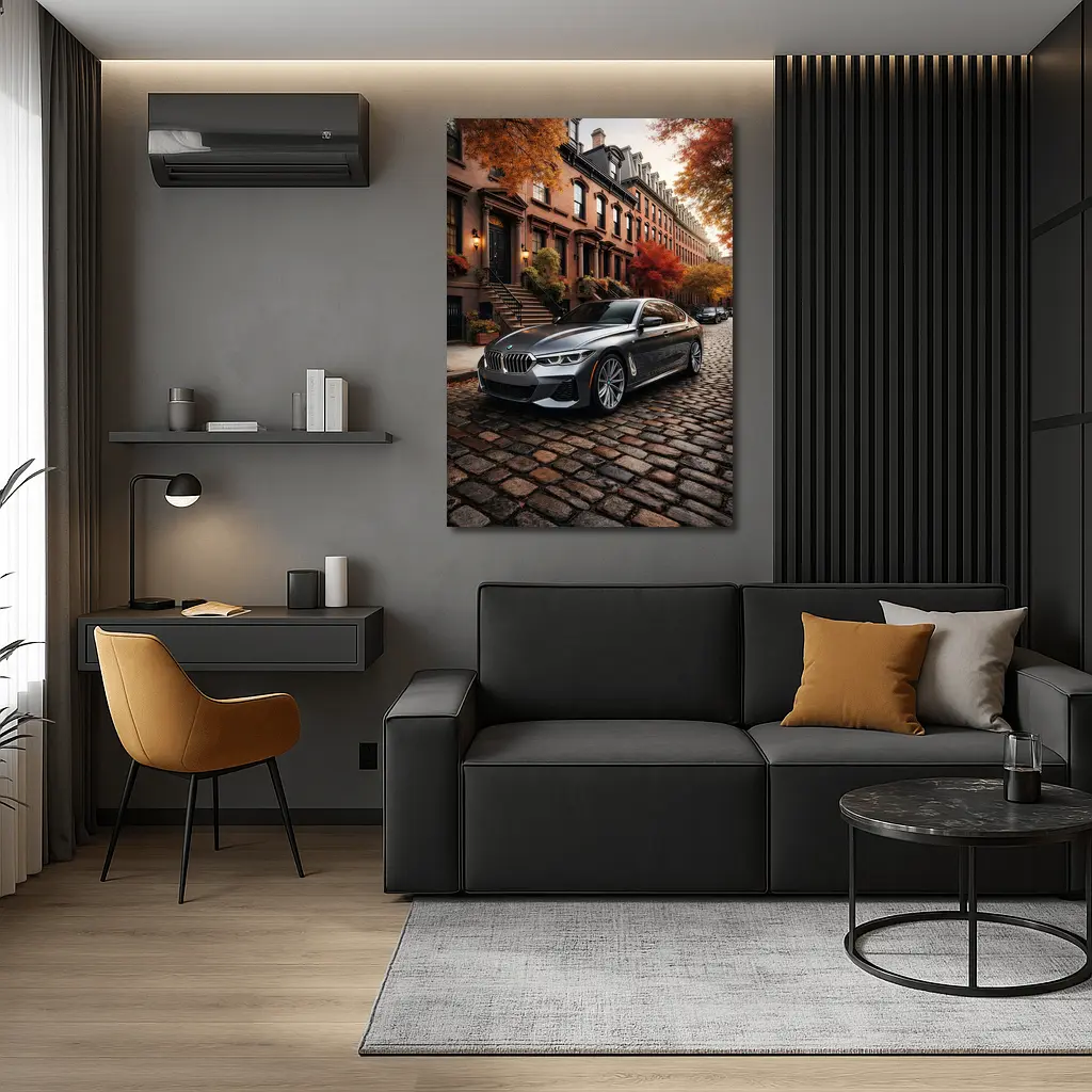 BMW Seven Series Gray Cobblestone Street Scene – Wall Art