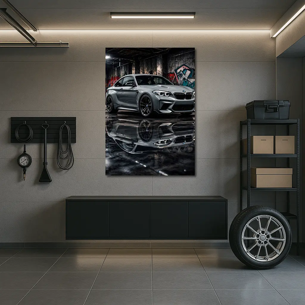 BMW M2 Gray Coupe Urban Garage Setting – Wall Art