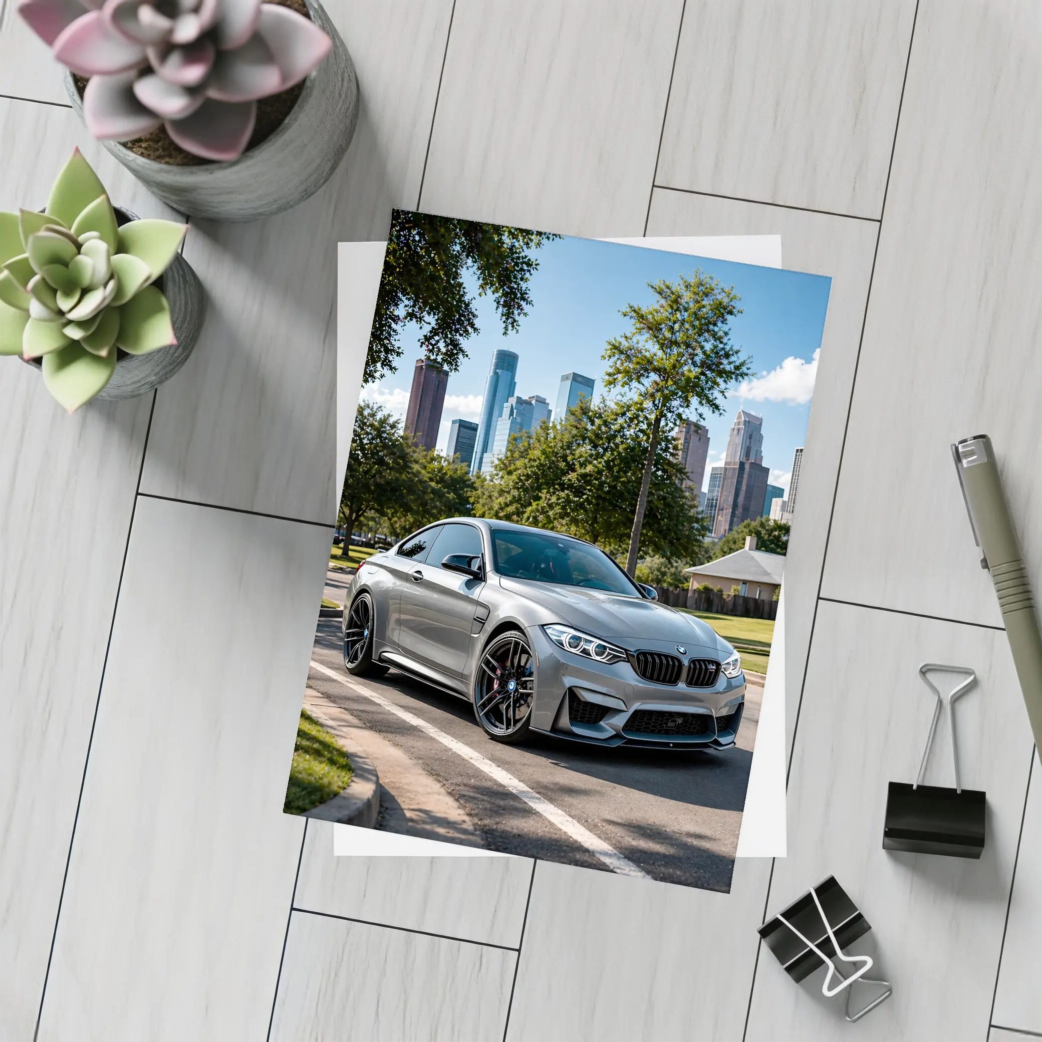 BMW M4 Gray Coupe City Skyline – Postcards