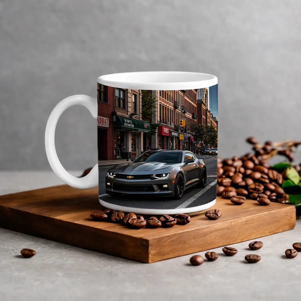 Gray Chevrolet Camaro City Street Scene – Mugs