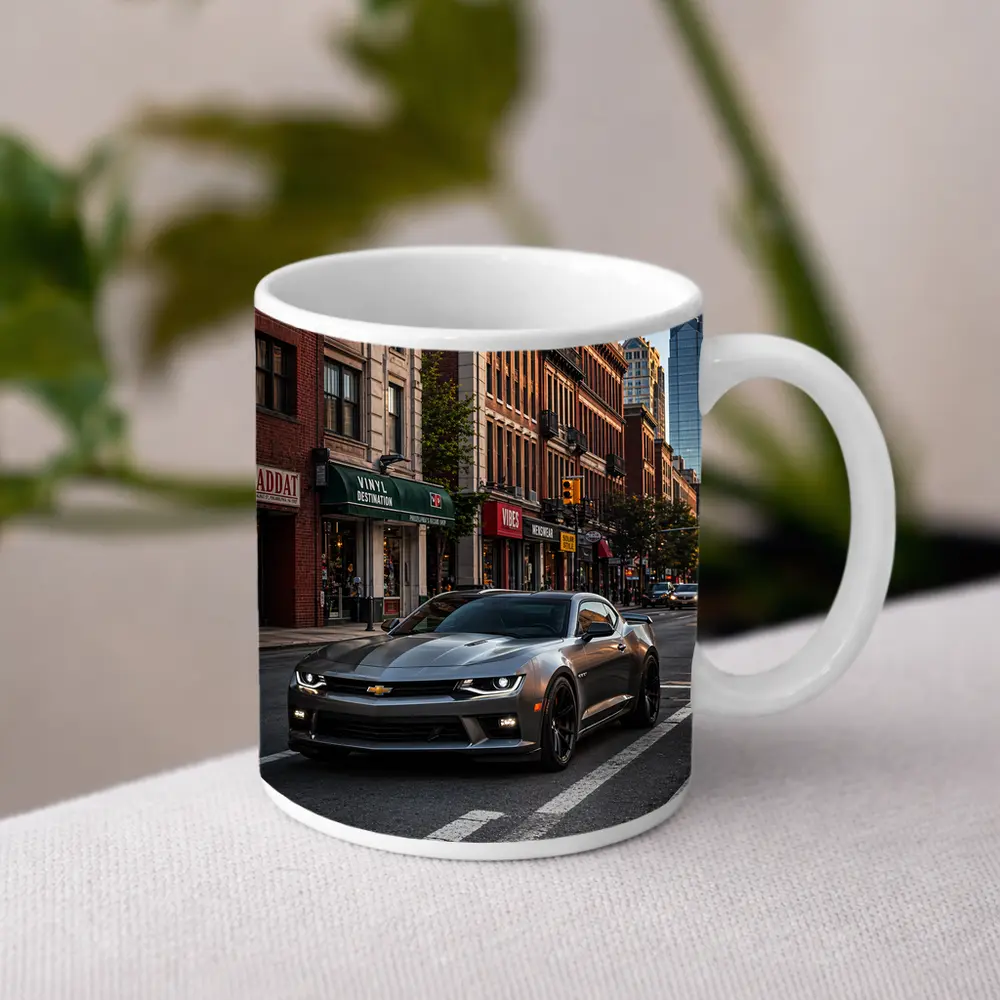 Gray Chevrolet Camaro City Street Scene – Mugs