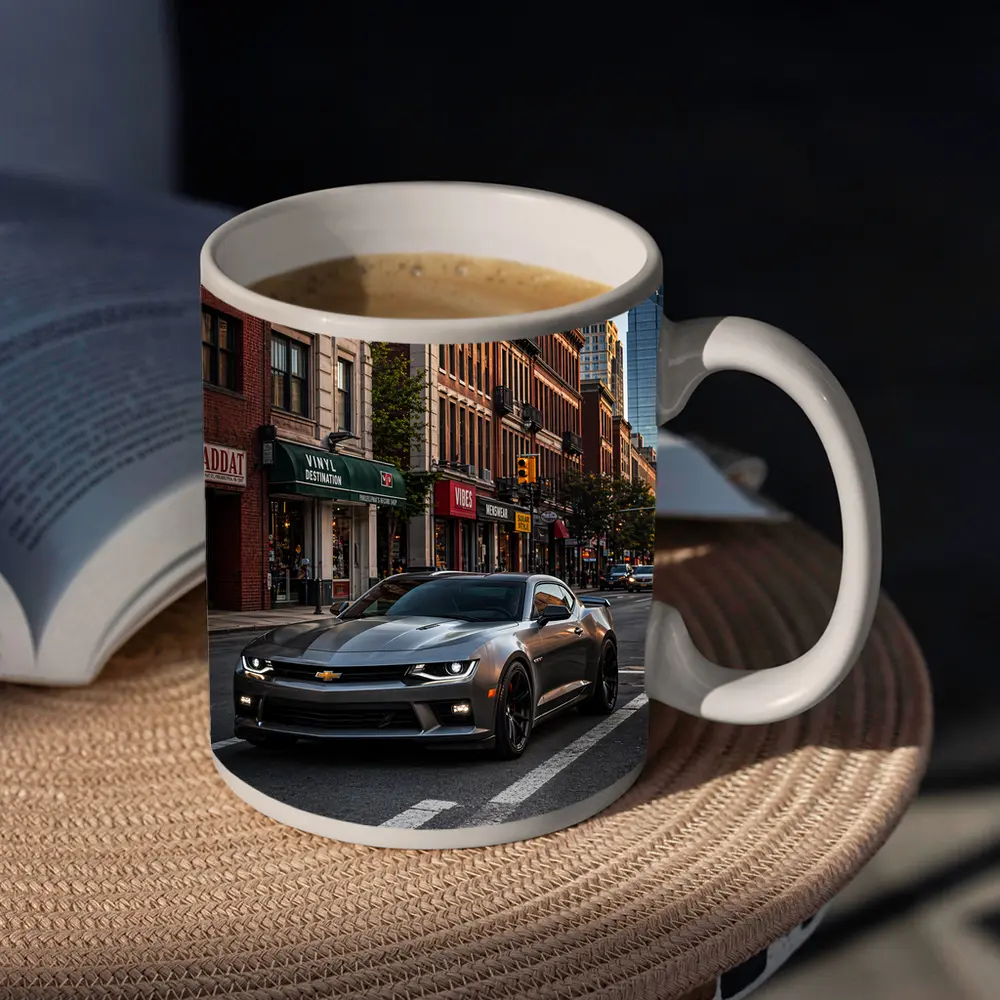 Gray Chevrolet Camaro City Street Scene – Mugs