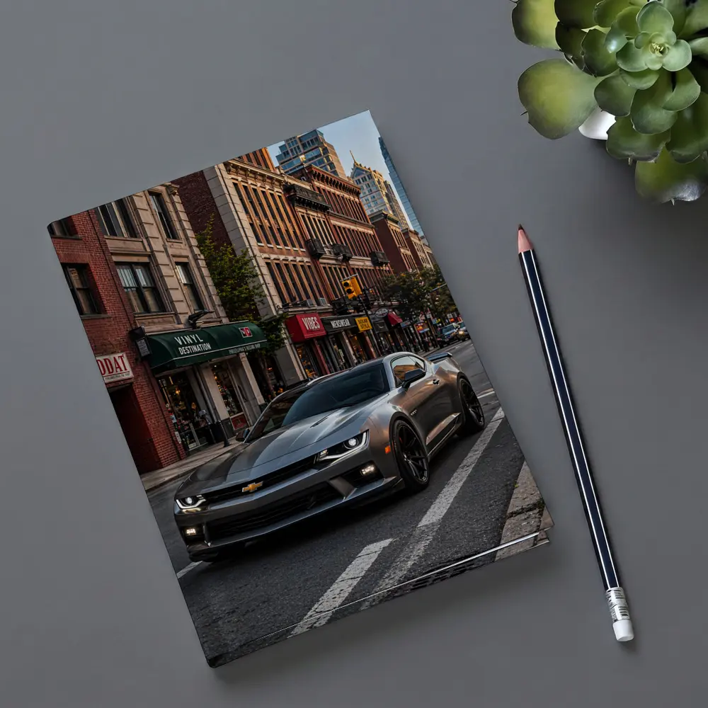 Gray Chevrolet Camaro City Street Scene – Notebooks