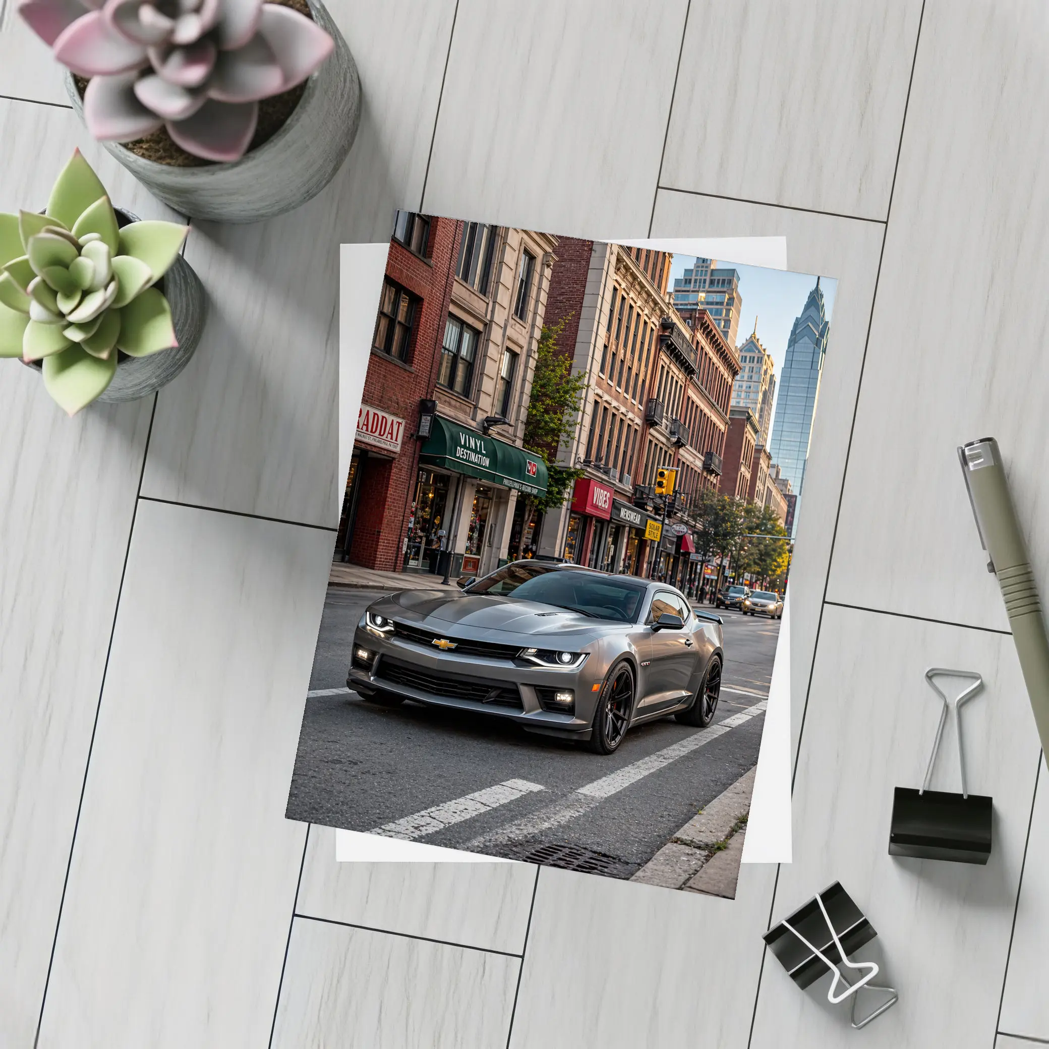 Gray Chevrolet Camaro City Street Scene – Postcards