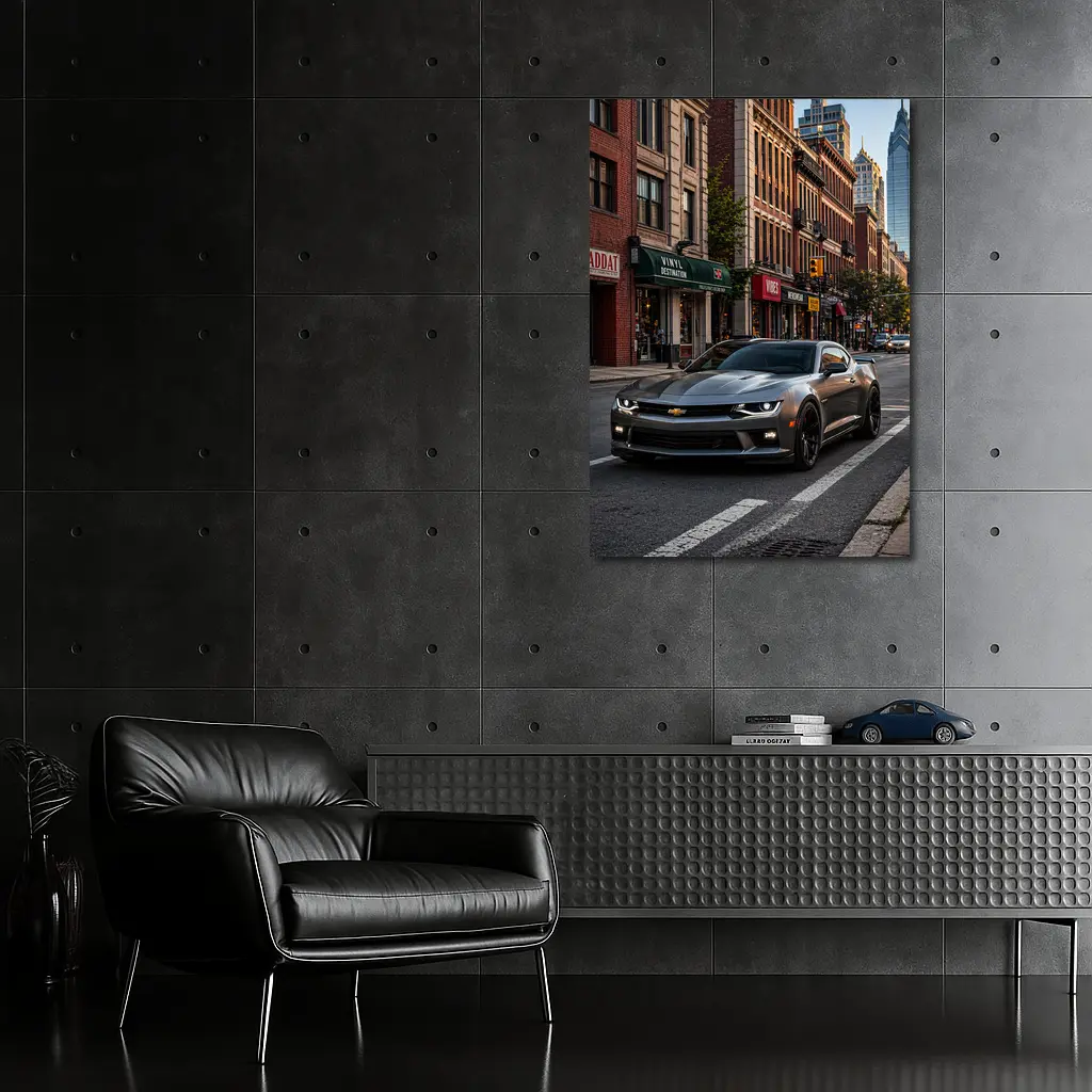 Gray Chevrolet Camaro City Street Scene – Wall Art