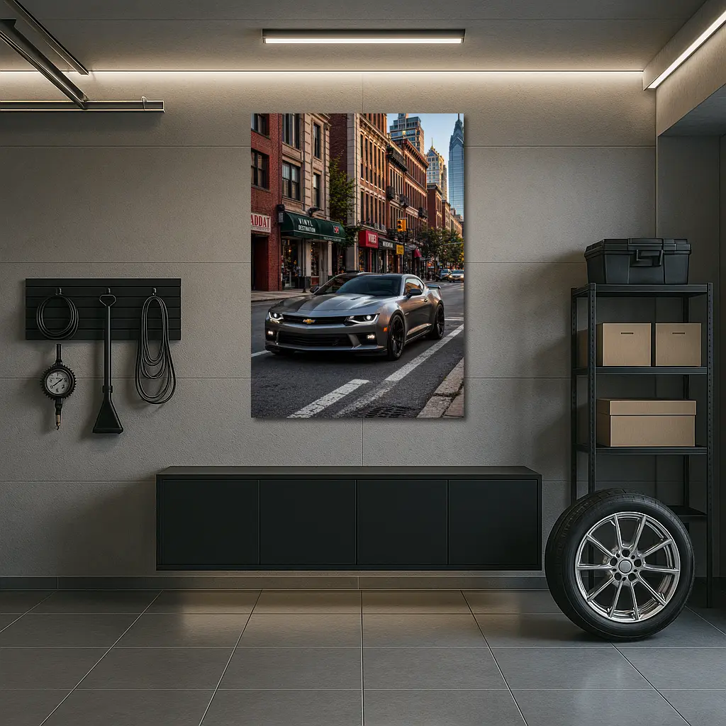 Gray Chevrolet Camaro City Street Scene – Wall Art