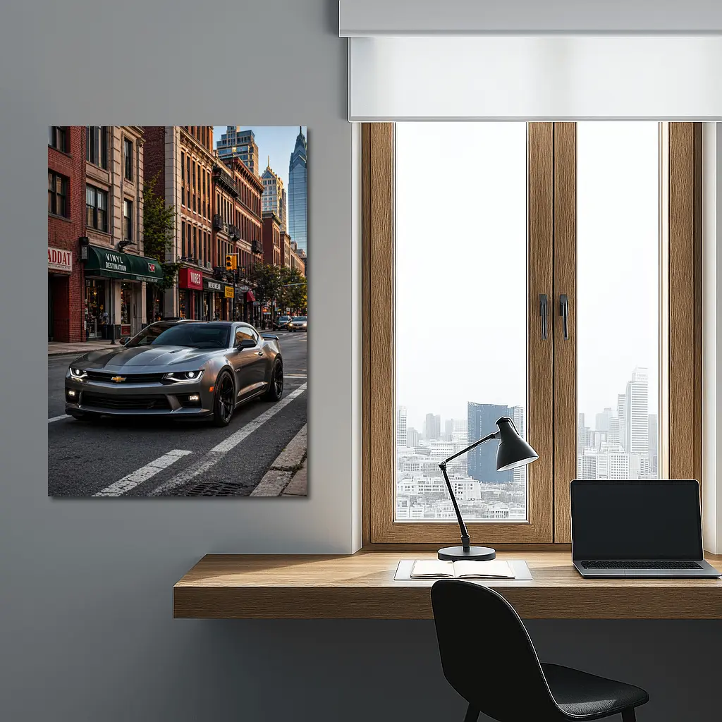 Gray Chevrolet Camaro City Street Scene – Wall Art