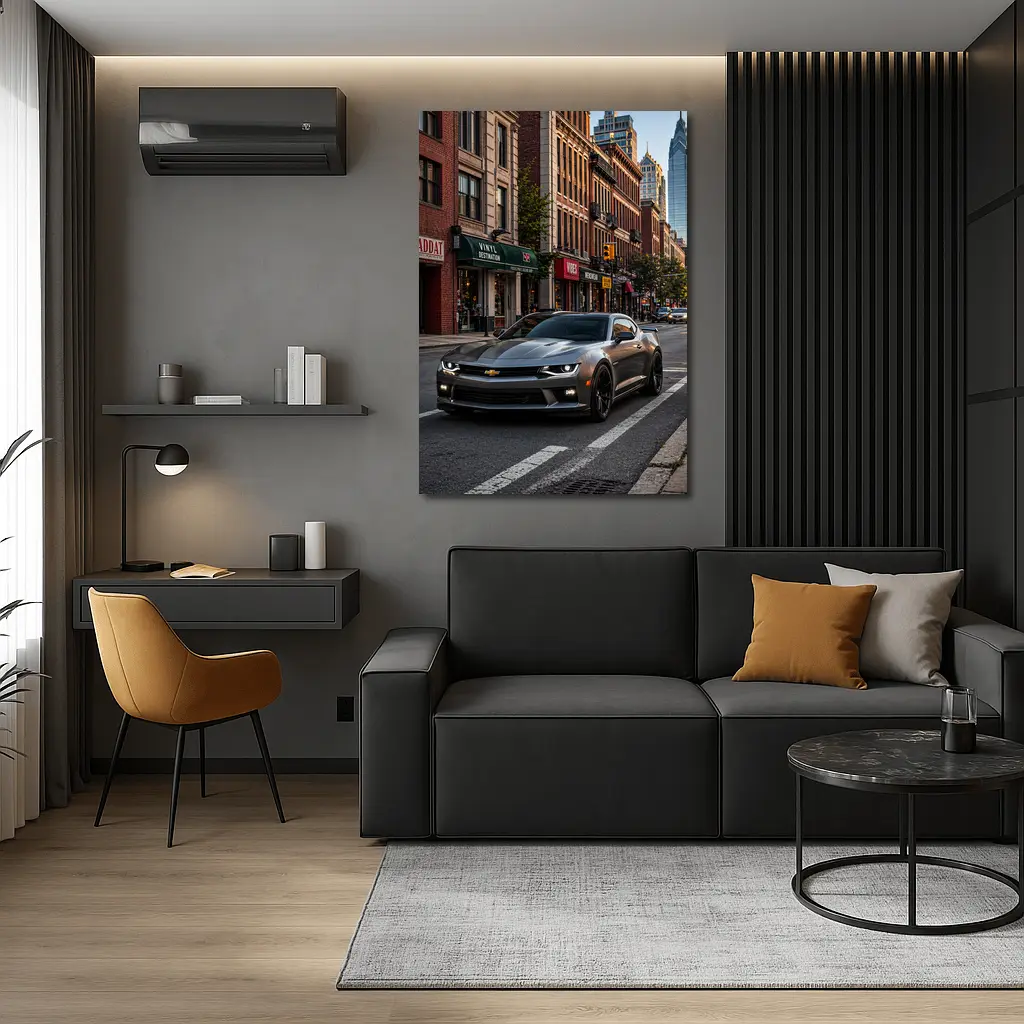 Gray Chevrolet Camaro City Street Scene – Wall Art