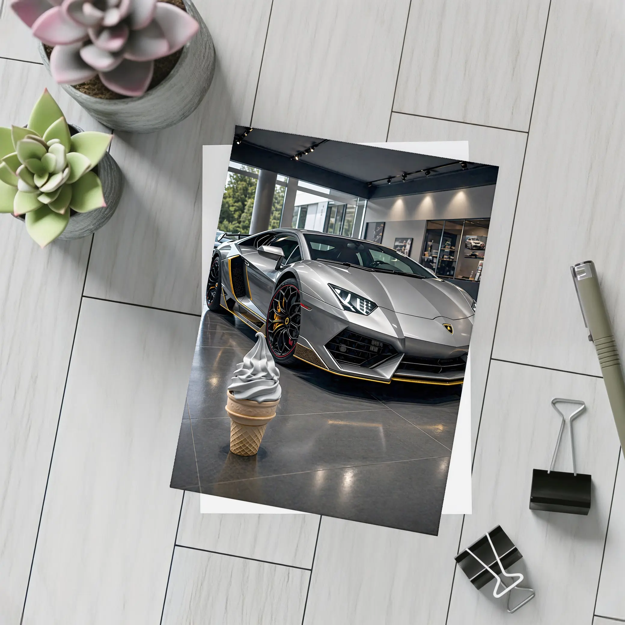 Lamborghini Aventador Silver In Dealership Showroom – Postcards