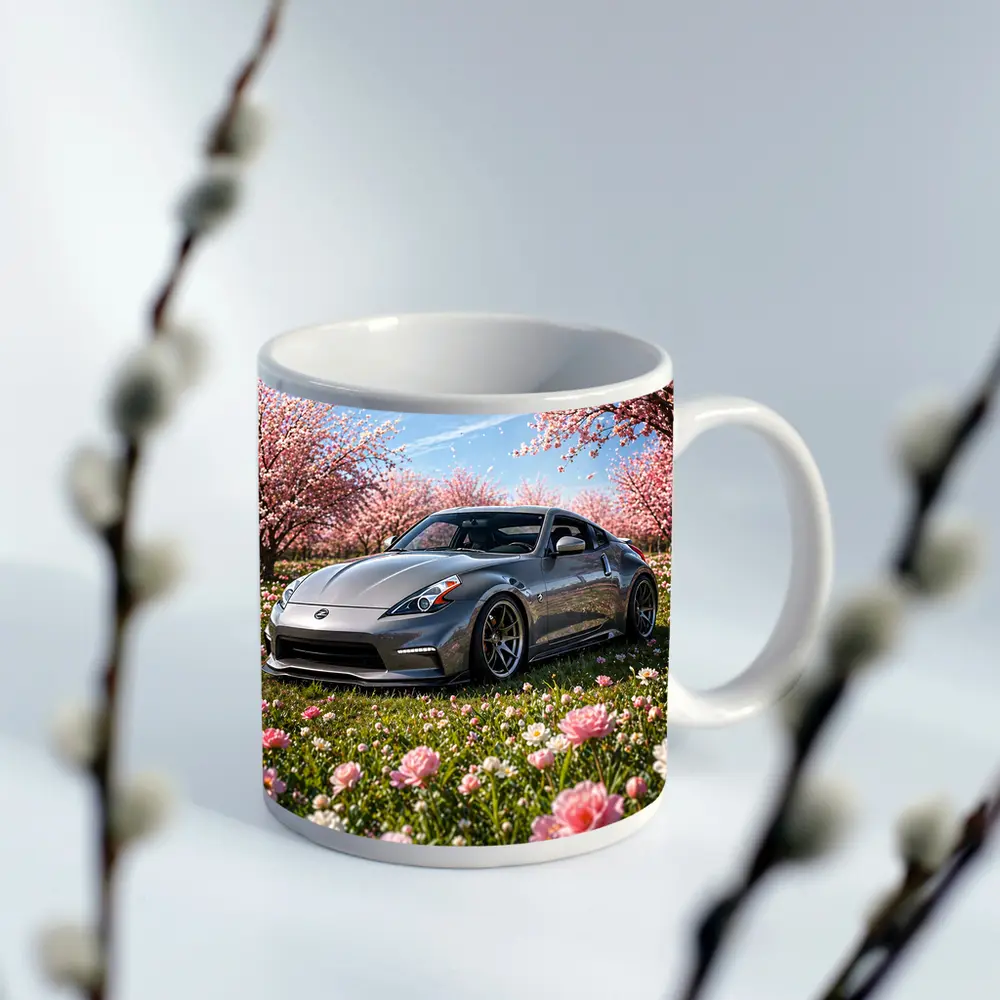 Nissan 370Z Gray Sports Car Cherry Blossoms – Mugs
