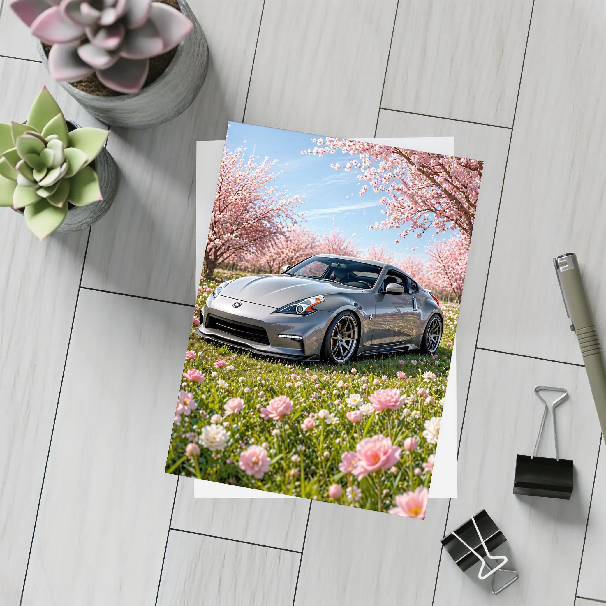 Nissan 370Z Gray Sports Car Cherry Blossoms – Postcards