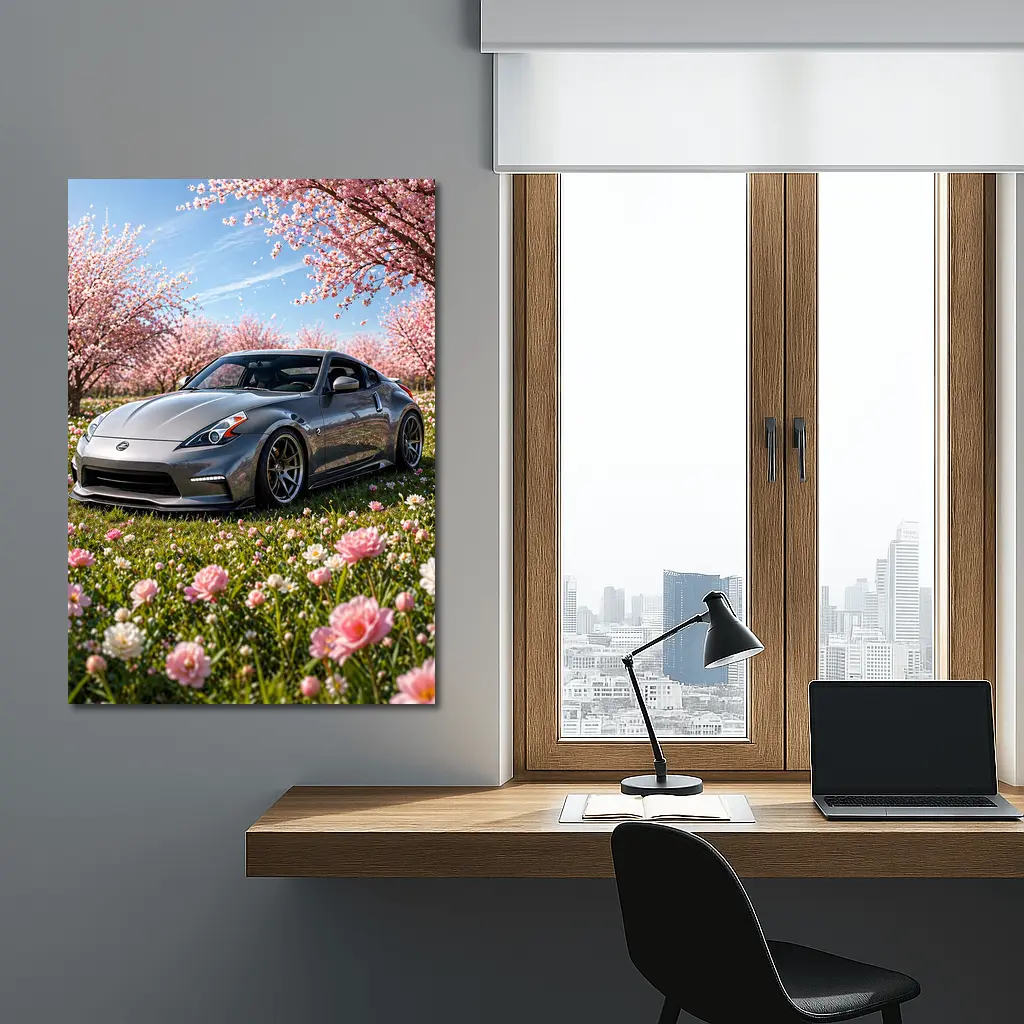 Nissan 370Z Gray Sports Car Cherry Blossoms – Wall Art