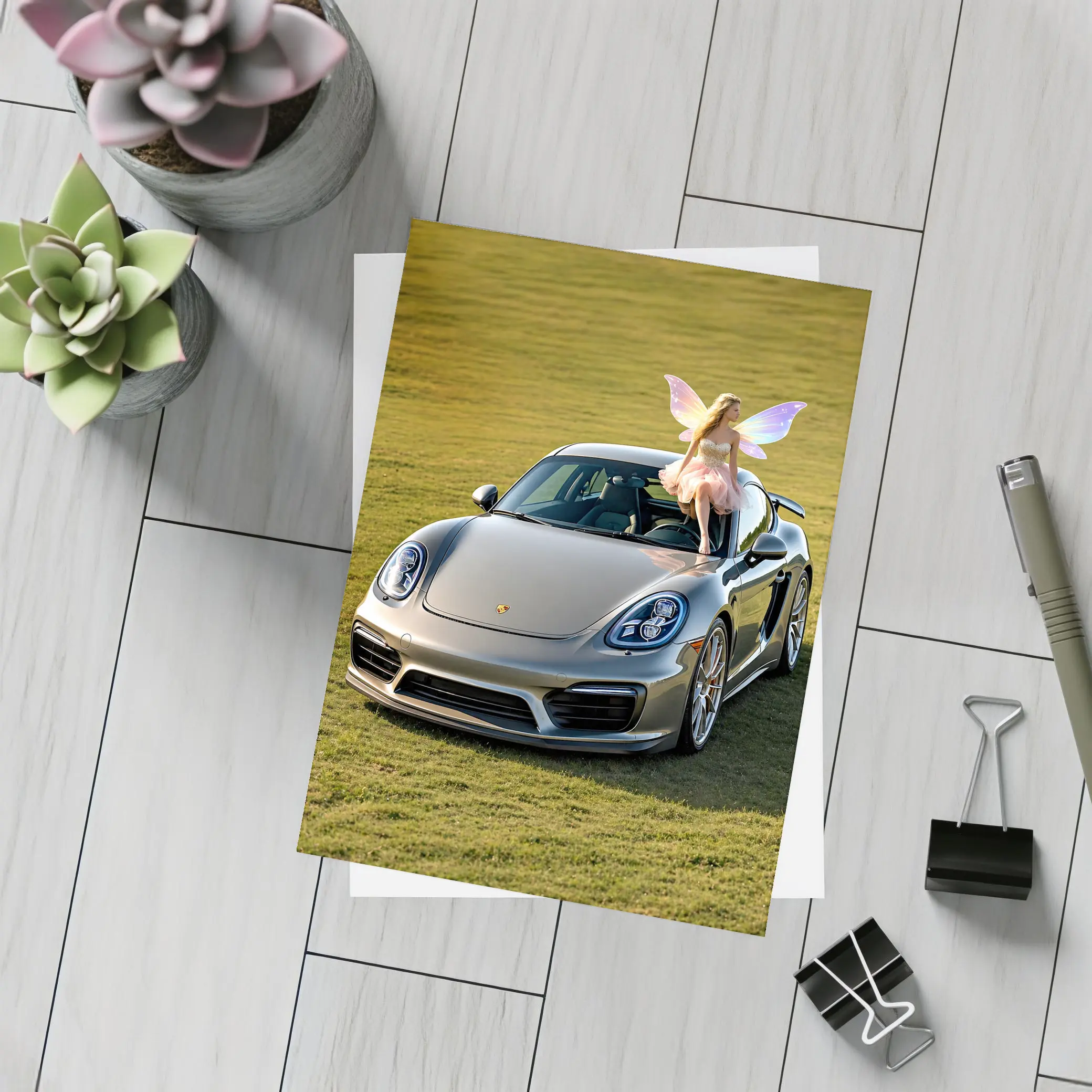 Porsche Cayman Silver Fairy Girl Green Field – Postcards
