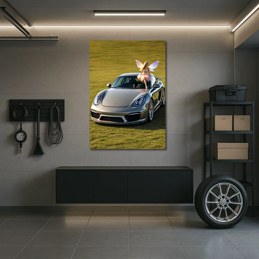 Porsche Cayman Silver Fairy Girl Green Field – Wall Art