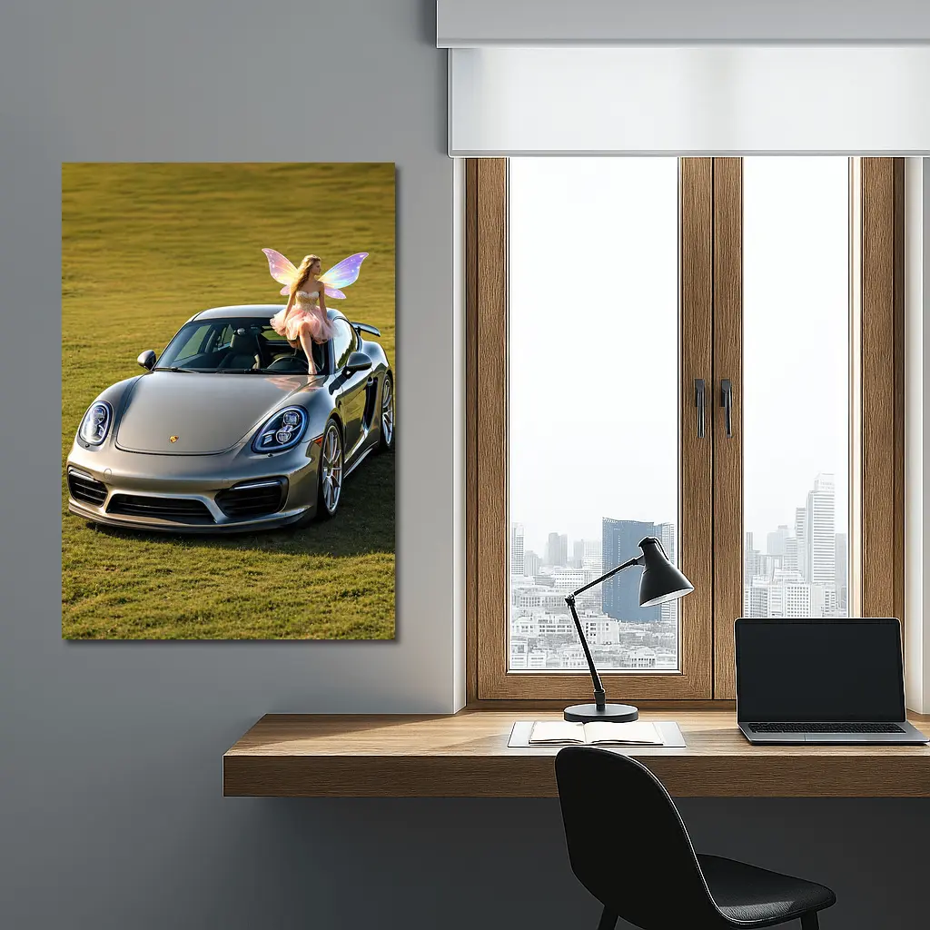 Porsche Cayman Silver Fairy Girl Green Field – Wall Art