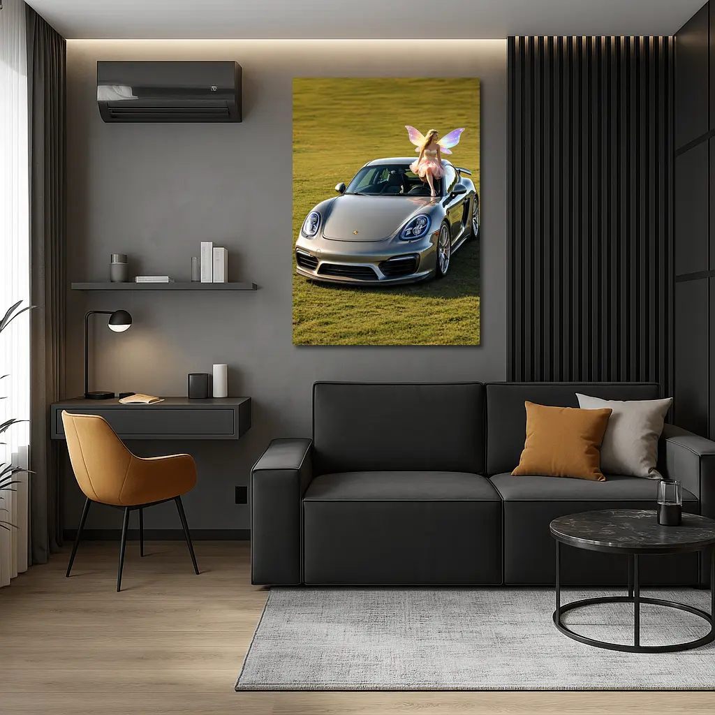Porsche Cayman Silver Fairy Girl Green Field – Wall Art