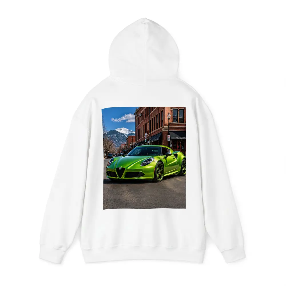 Green Alfa Romeo 4C Downtown Mountain Backdrop – Hoodies