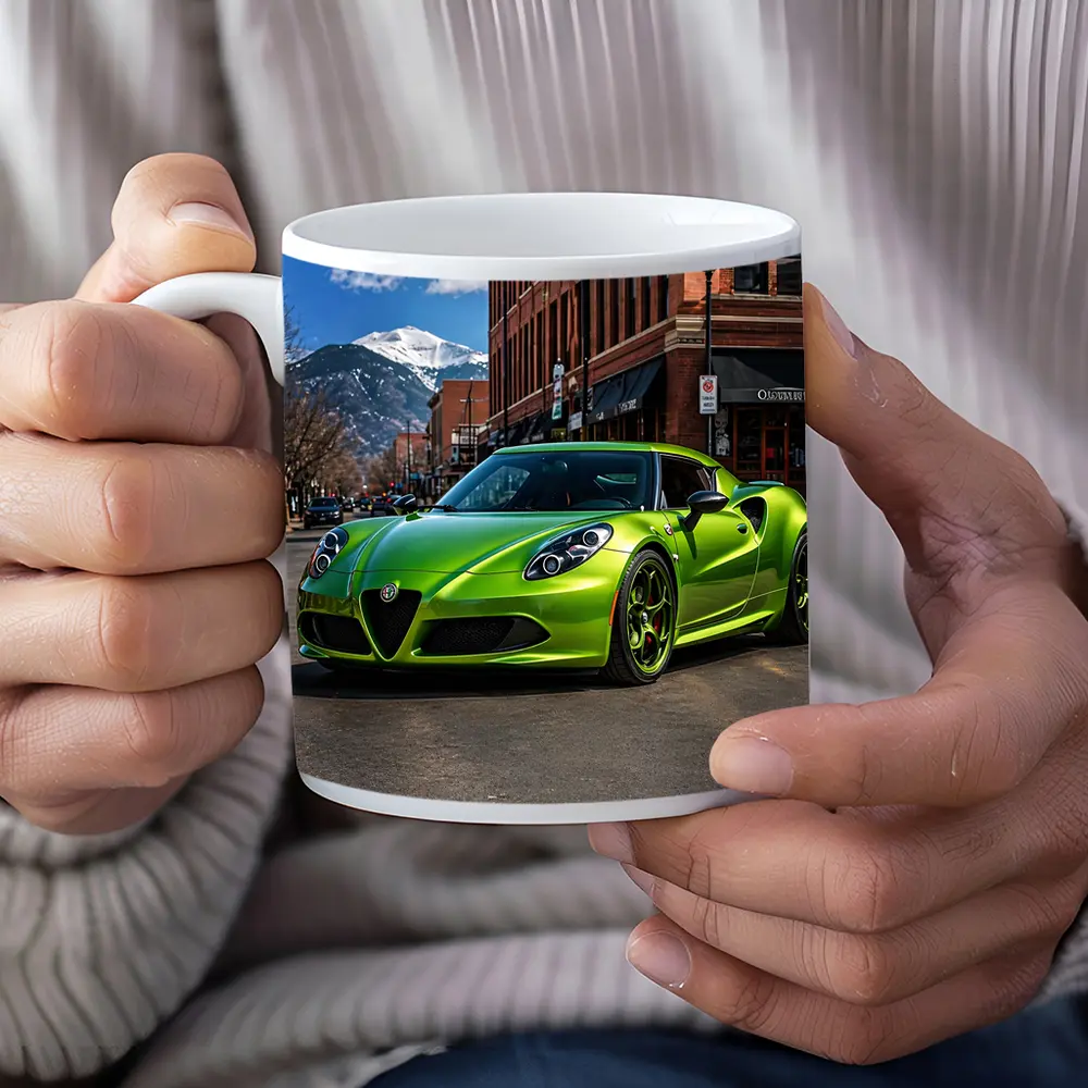 Green Alfa Romeo 4C Downtown Mountain Backdrop – Mugs