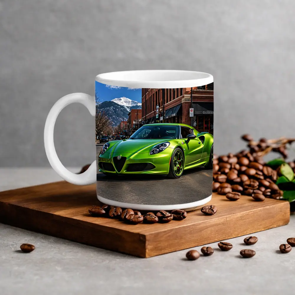 Green Alfa Romeo 4C Downtown Mountain Backdrop – Mugs