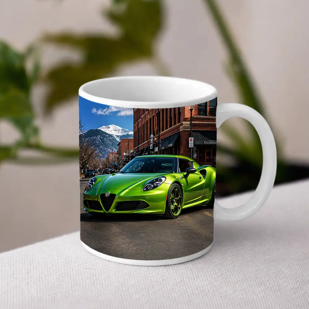 Green Alfa Romeo 4C Downtown Mountain Backdrop – Mugs