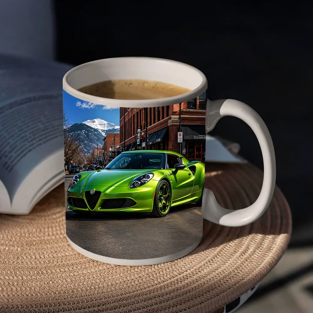 Green Alfa Romeo 4C Downtown Mountain Backdrop – Mugs
