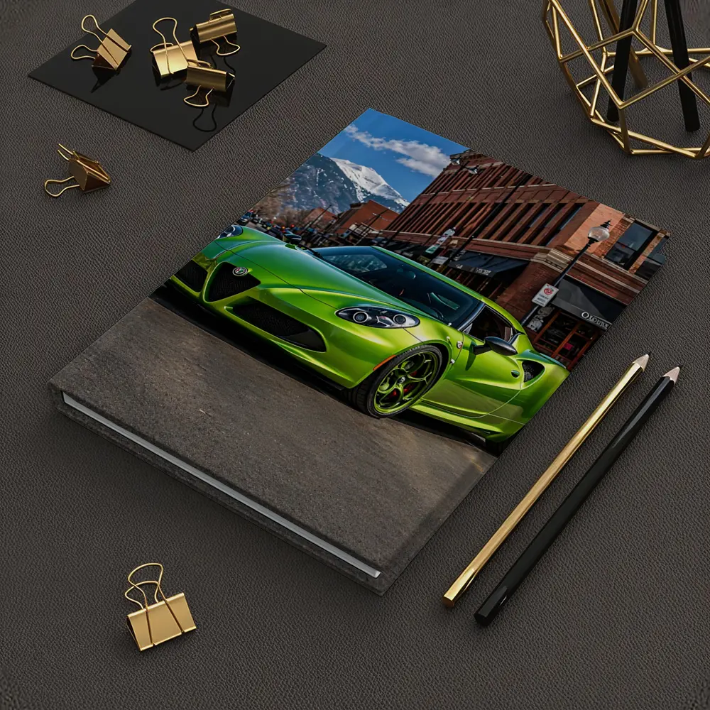 Green Alfa Romeo 4C Downtown Mountain Backdrop – Notebooks