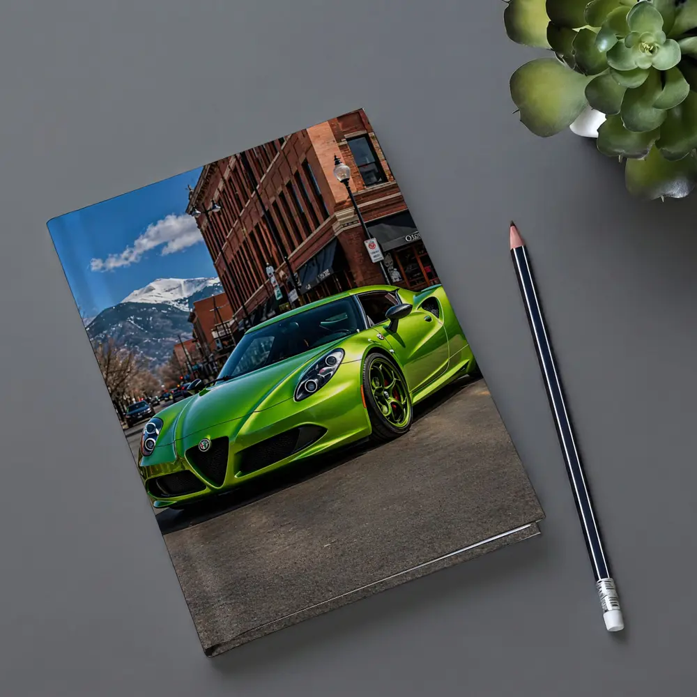 Green Alfa Romeo 4C Downtown Mountain Backdrop – Notebooks