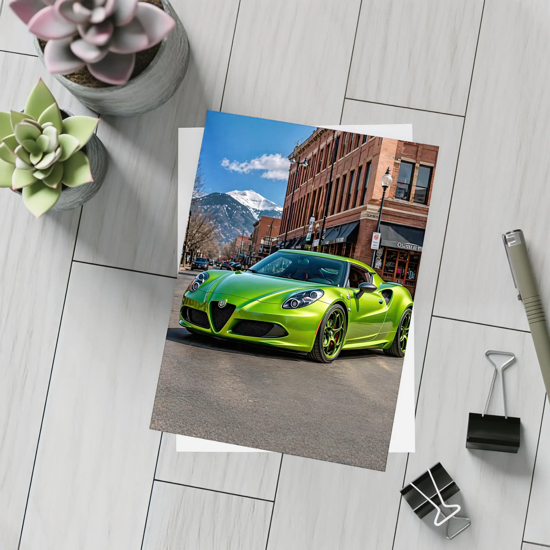 Green Alfa Romeo 4C Downtown Mountain Backdrop – Postcards