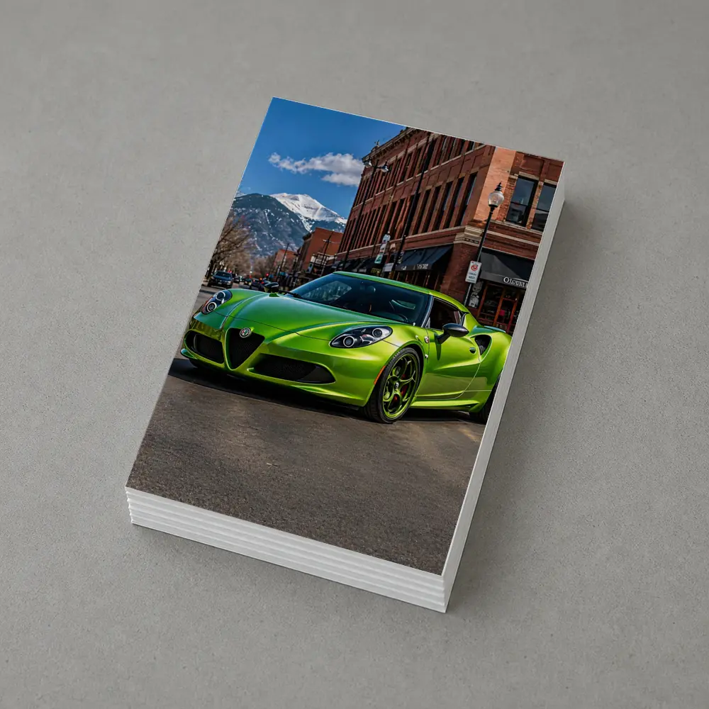 Green Alfa Romeo 4C Downtown Mountain Backdrop – Postcards