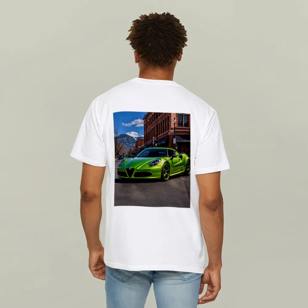 Green Alfa Romeo 4C Downtown Mountain Backdrop – T-Shirts