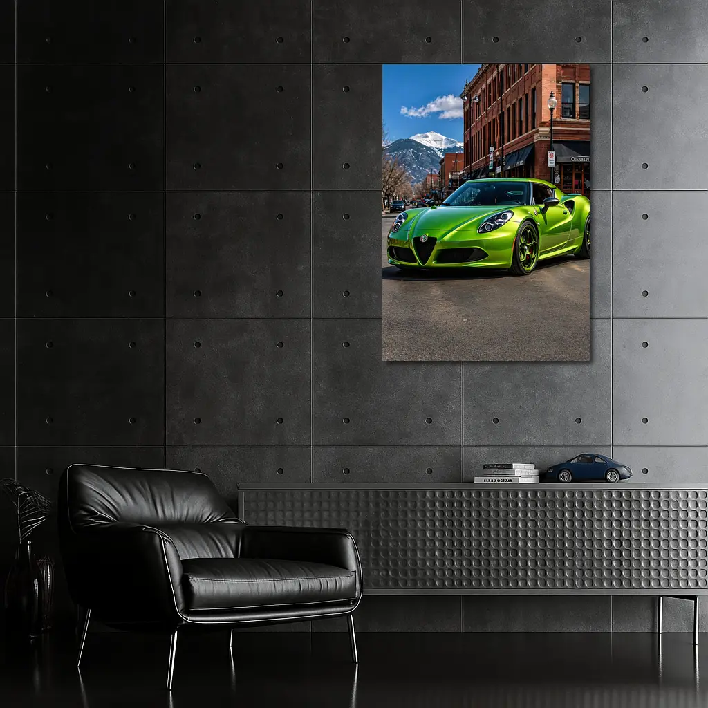 Green Alfa Romeo 4C Downtown Mountain Backdrop – Wall Art