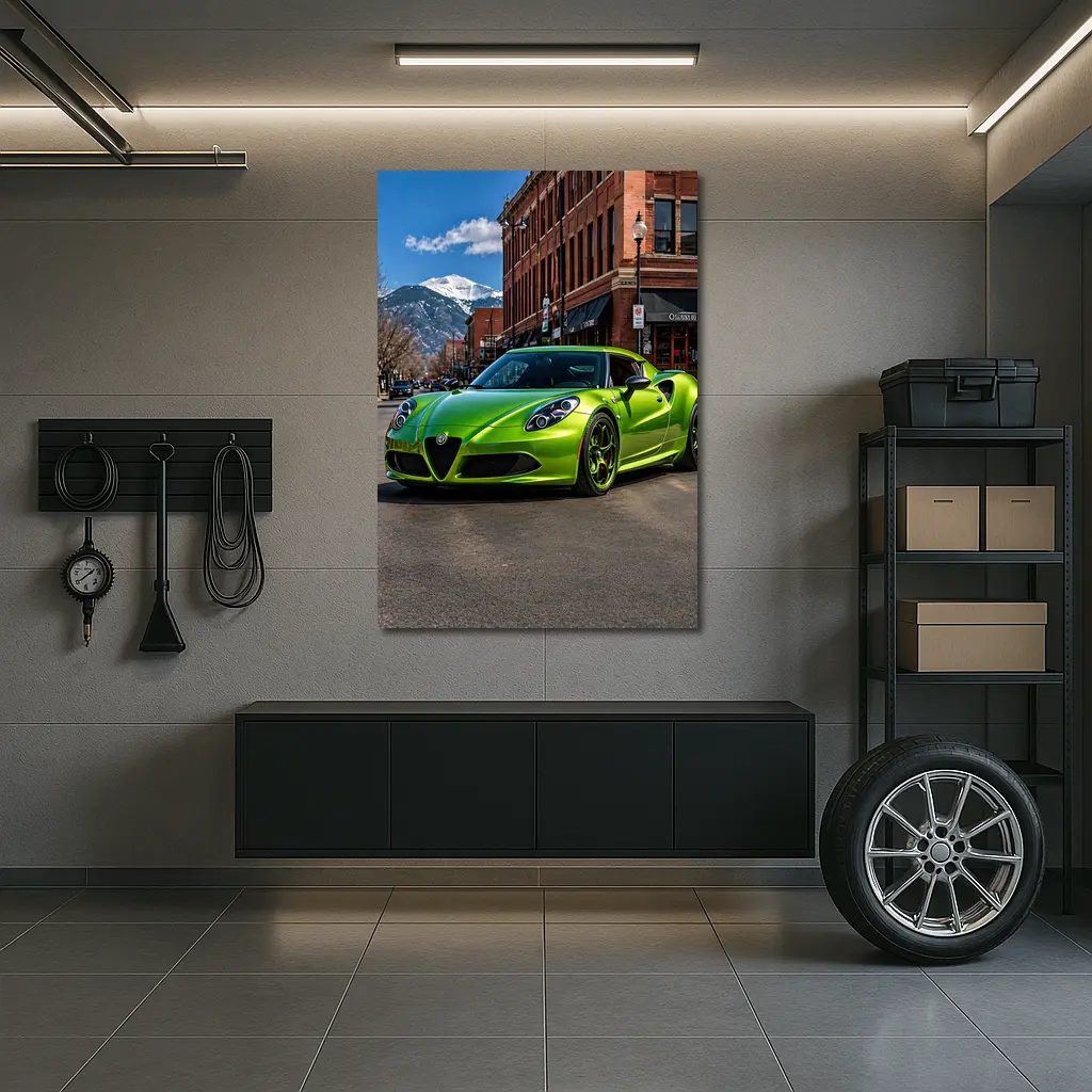 Green Alfa Romeo 4C Downtown Mountain Backdrop – Wall Art