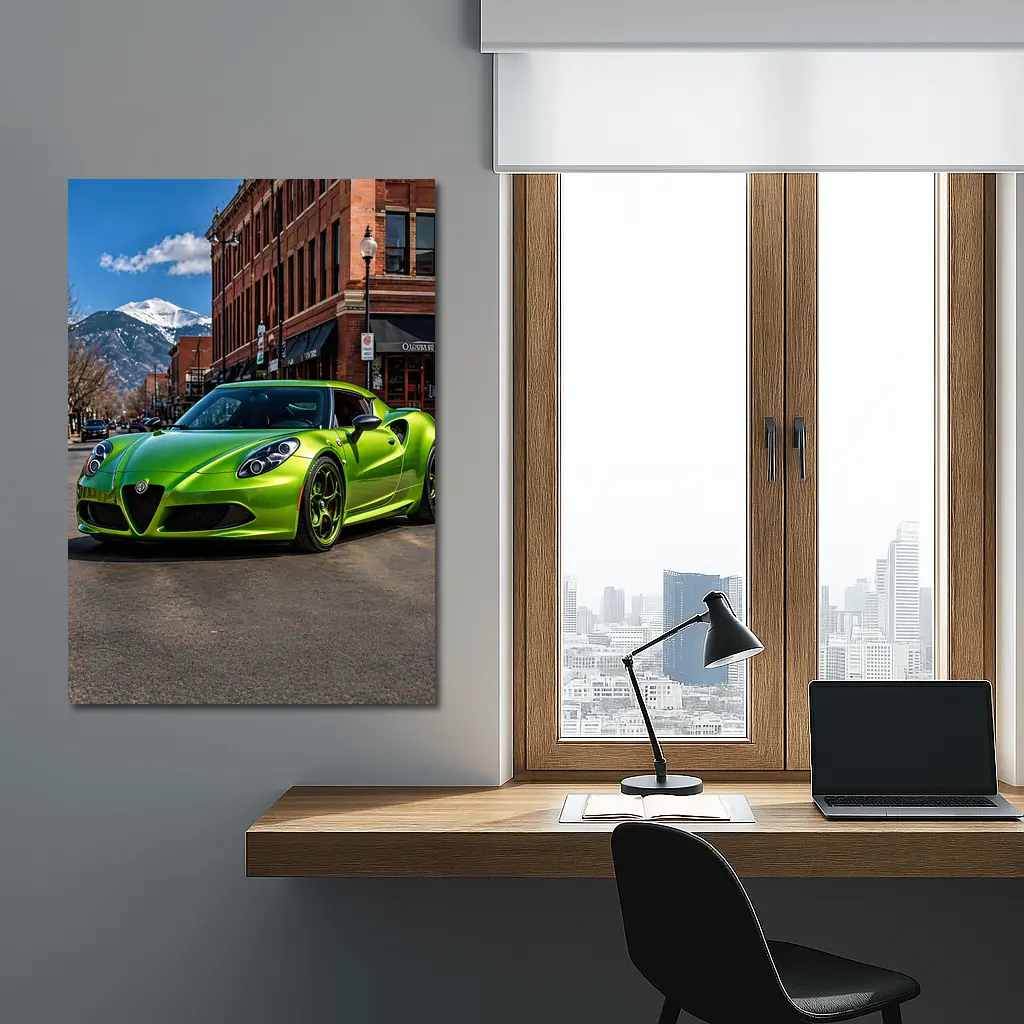 Green Alfa Romeo 4C Downtown Mountain Backdrop – Wall Art