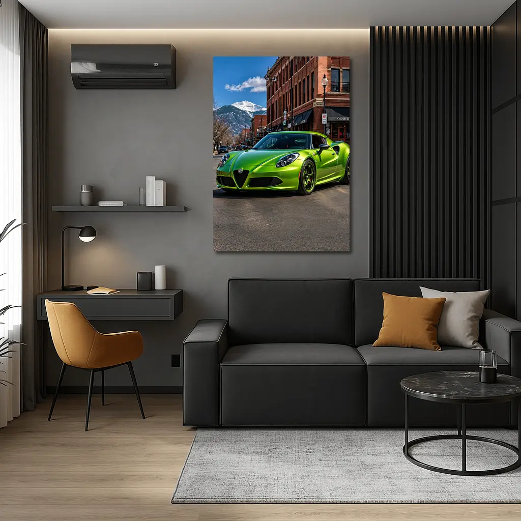 Green Alfa Romeo 4C Downtown Mountain Backdrop – Wall Art