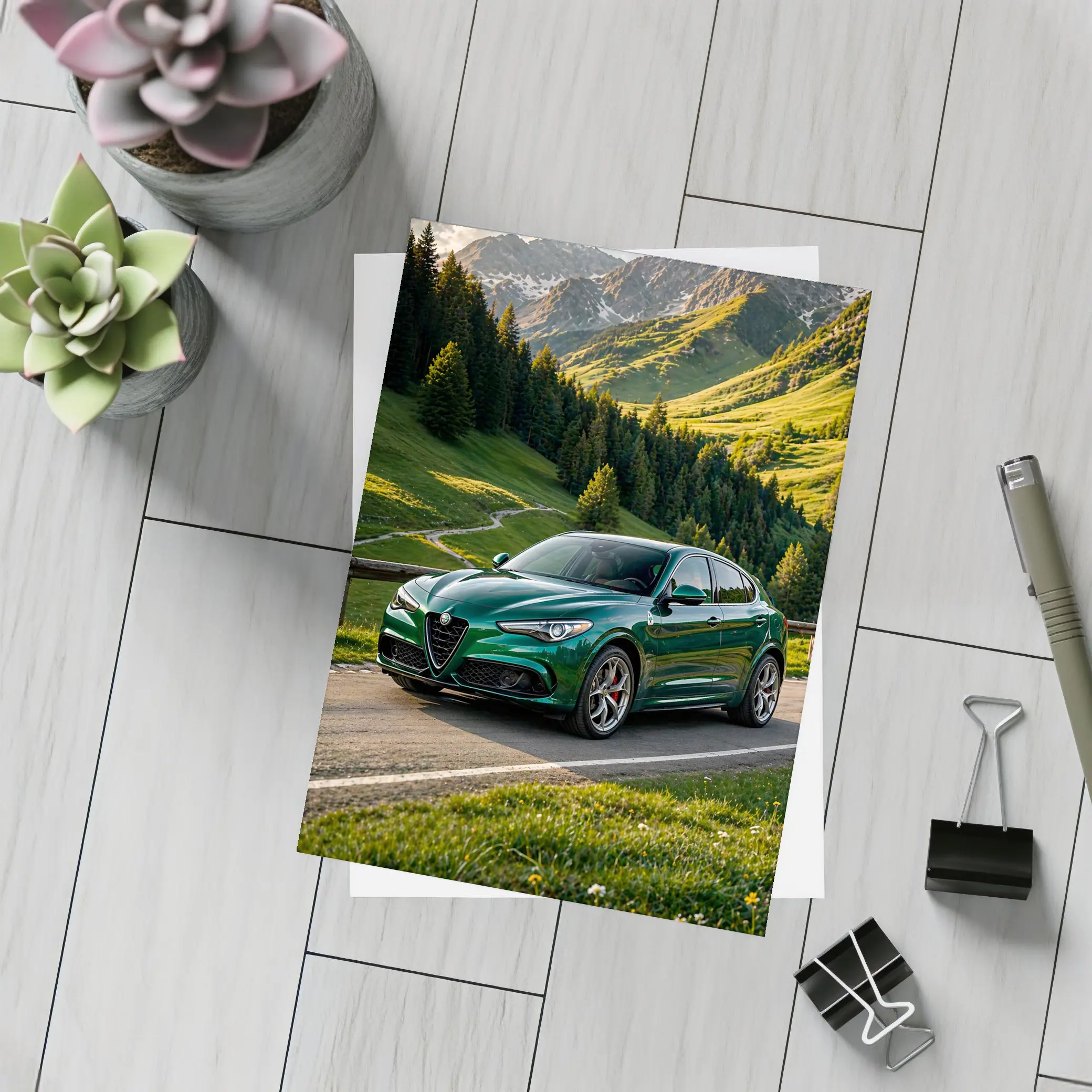 Alfa Romeo Stelvio Green Alpine Mountain Road – Postcards