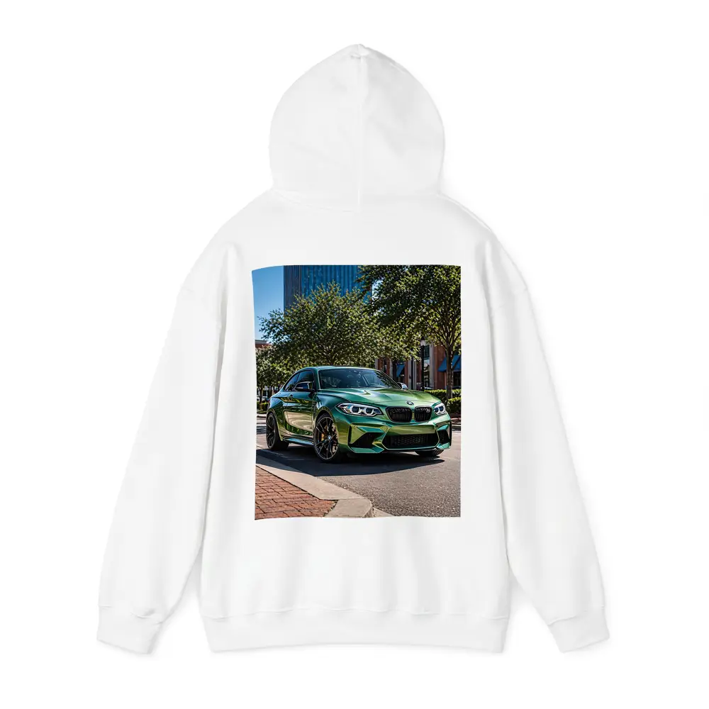 Green BMW M2 Parked Downtown City Street – Hoodies