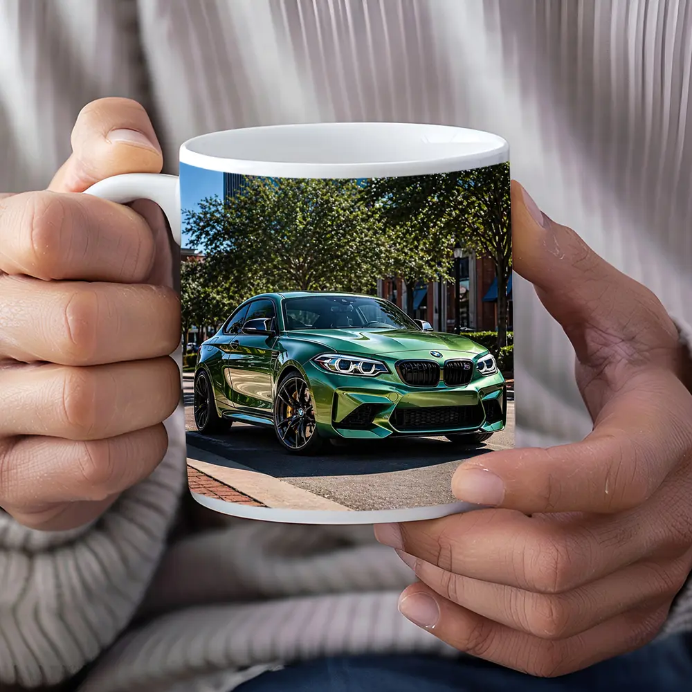 Green BMW M2 Parked Downtown City Street – Mugs