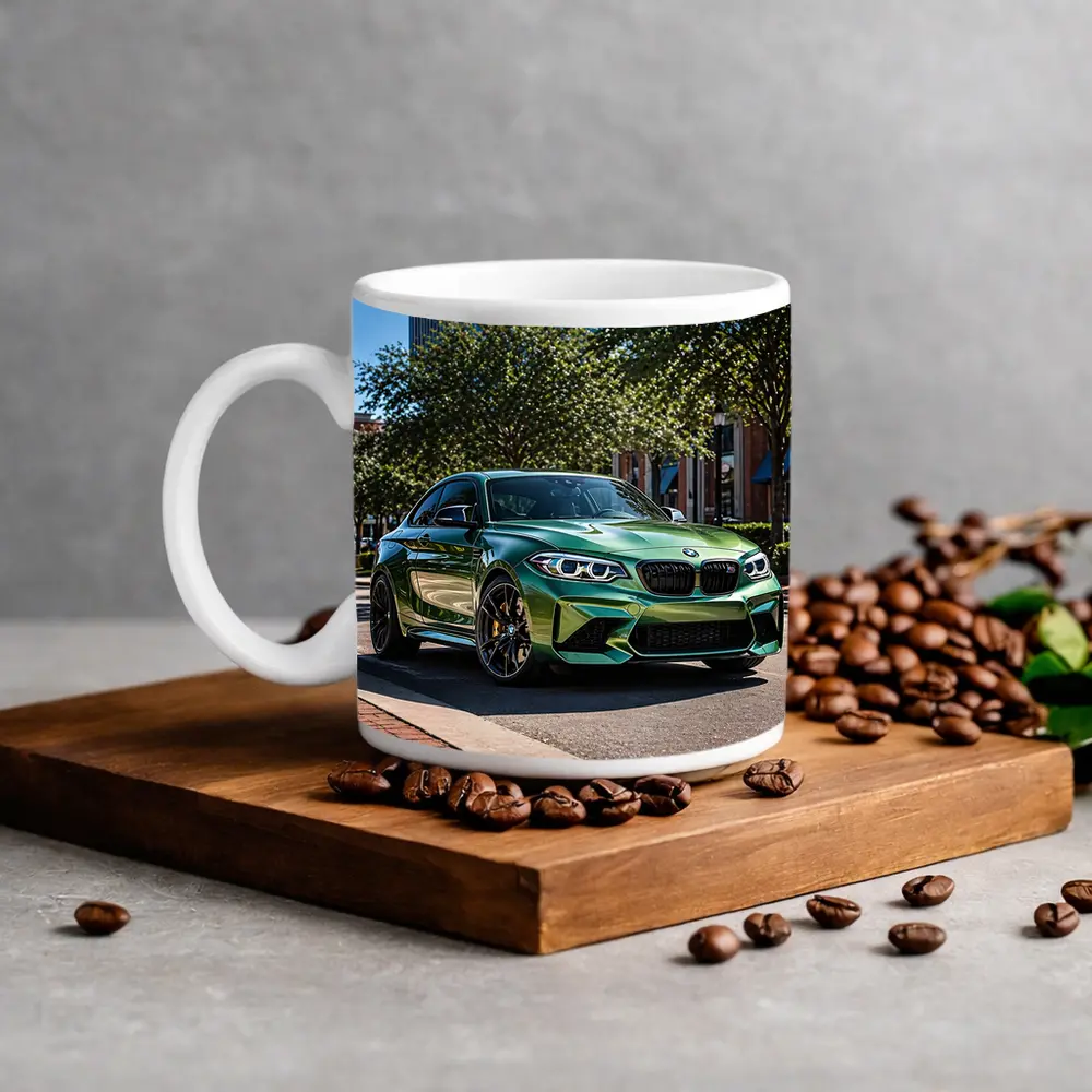Green BMW M2 Parked Downtown City Street – Mugs