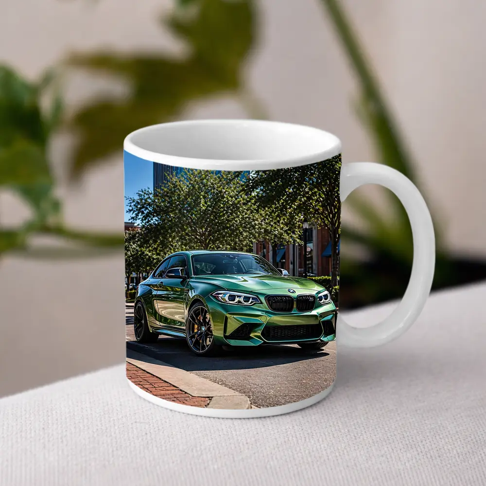 Green BMW M2 Parked Downtown City Street – Mugs